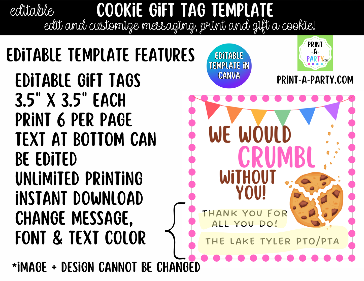 Crumbl Cookie Gift Tags – Printable or Editable Cookie Tags (3" x 3", 6 Per Page)