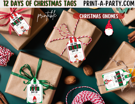 CHRISTMAS HOLIDAY GIFT - Printable 12 Days of Christmas Gift Tags with Gnomes – Festive Holiday PDF Download