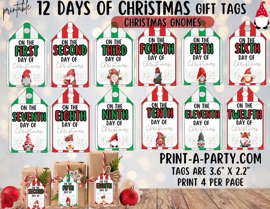 CHRISTMAS HOLIDAY GIFT - Printable 12 Days of Christmas Gift Tags with Gnomes – Festive Holiday PDF Download