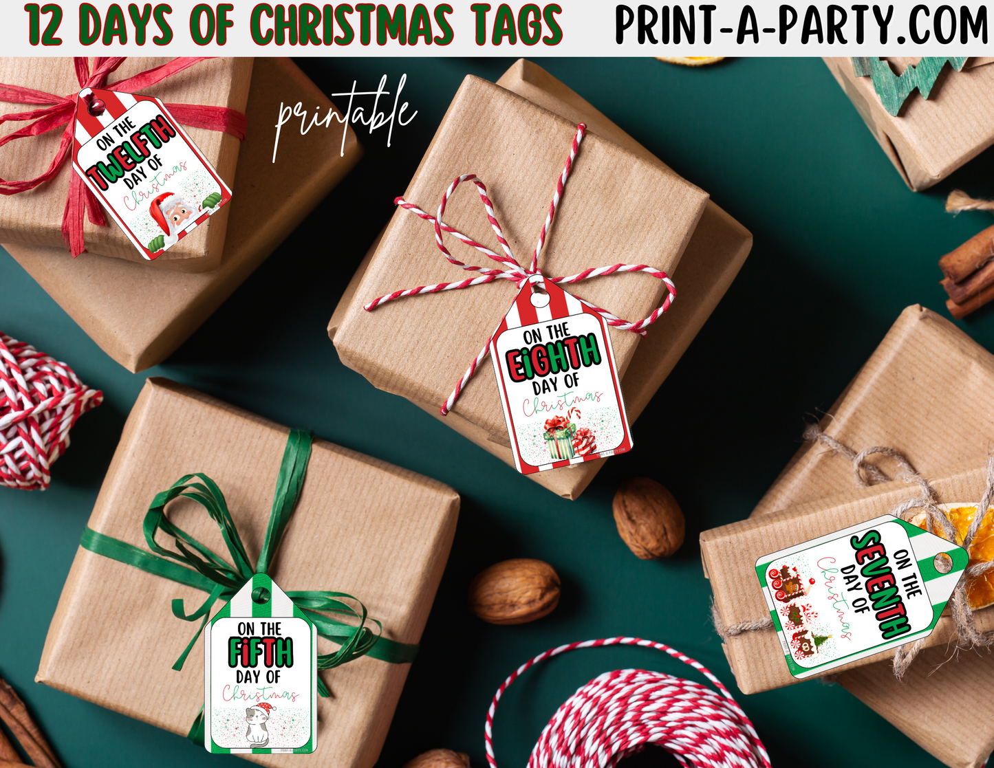 CHRISTMAS HOLIDAY GIFT - Printable 12 Days of Christmas Gift Tags – Festive Holiday Gift Tags PDF Download