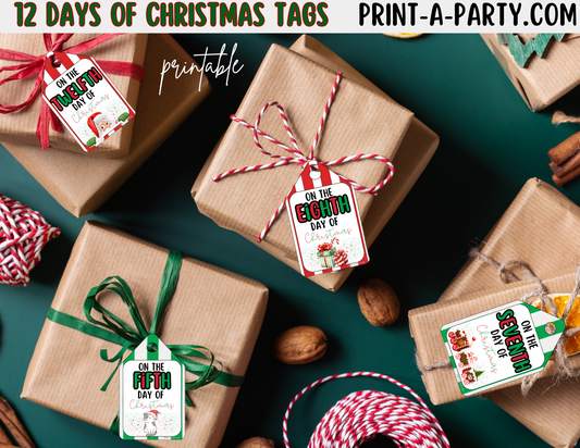 CHRISTMAS HOLIDAY GIFT - Printable 12 Days of Christmas Gift Tags – Festive Holiday Gift Tags PDF Download