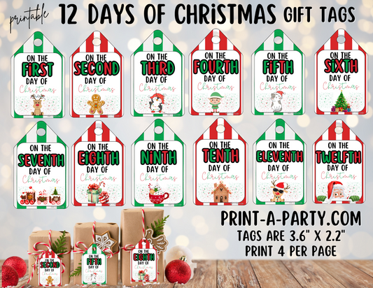 CHRISTMAS HOLIDAY GIFT - Printable 12 Days of Christmas Gift Tags – Festive Holiday Gift Tags PDF Download