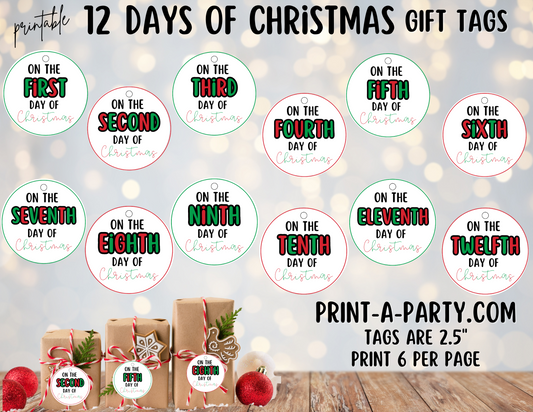 CHRISTMAS HOLIDAY GIFT - Printable 12 Days of Christmas Gift Tags – Classic Holiday Gift Tag PDF Download