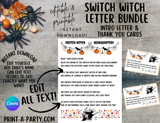 SWITCH WITCH Letter Bundle - Editable Switch Witch Letter & Thank You Notes | Printable Halloween Candy Trade Tradition | Personalized PDF