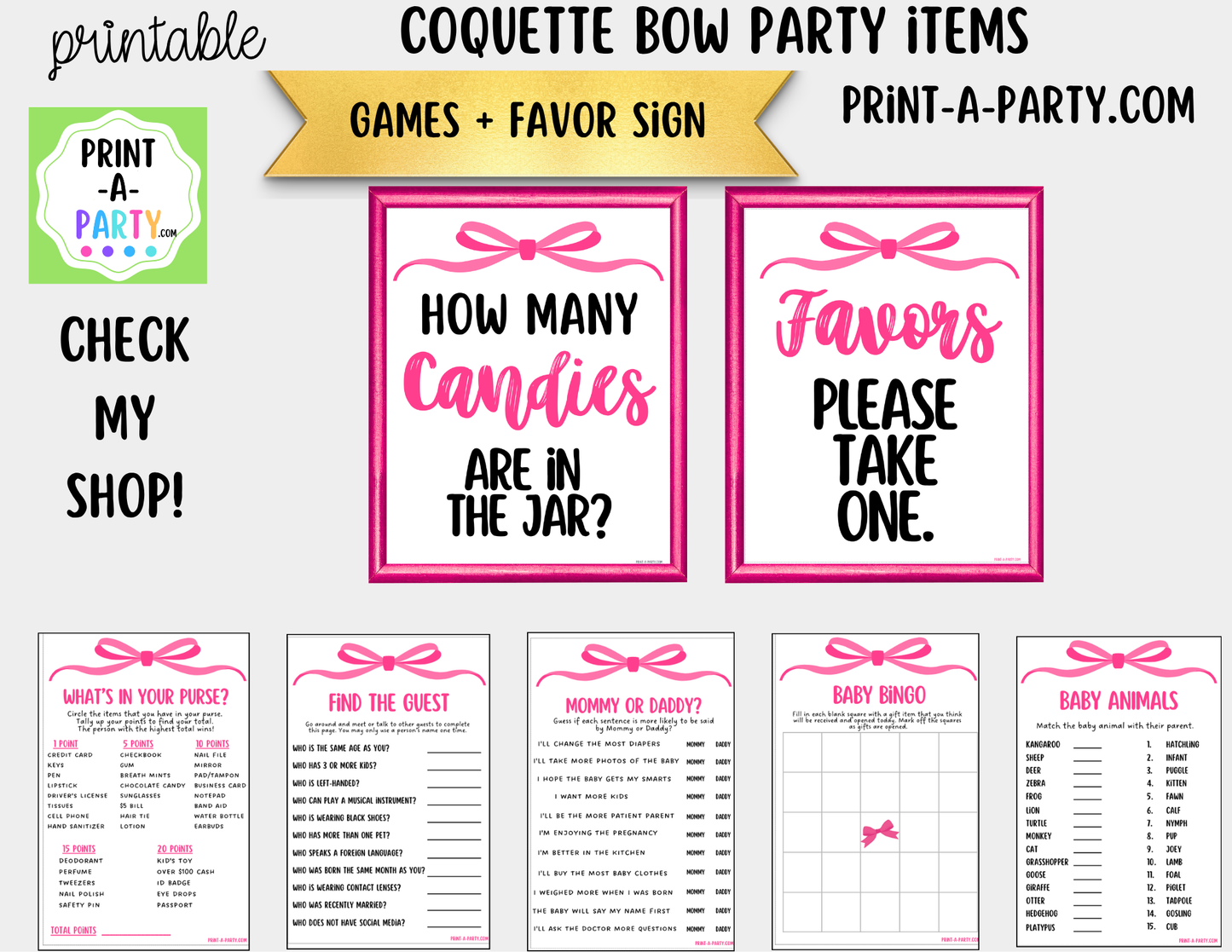 Pink Coquette Bow Candy Jar Game Printable Sign (8x10) & Guessing Cards for parties and showers