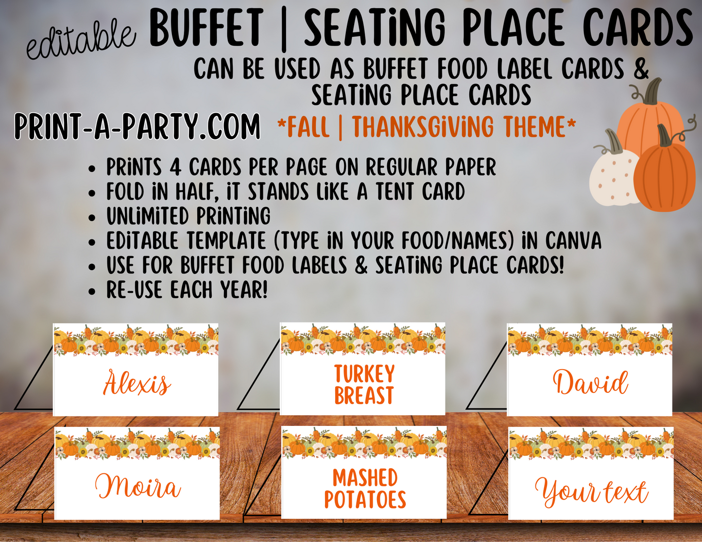 Fall Buffet EDITABLE Food Labels & Seating Place Cards – Perfect for Thanksgiving, Autumn Parties, and Seasonal Gatherings