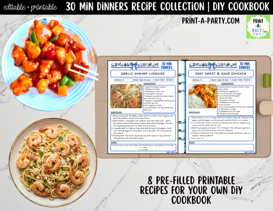 30-Minute Dinner Recipe Pages Printable & Editable Cookbook Set