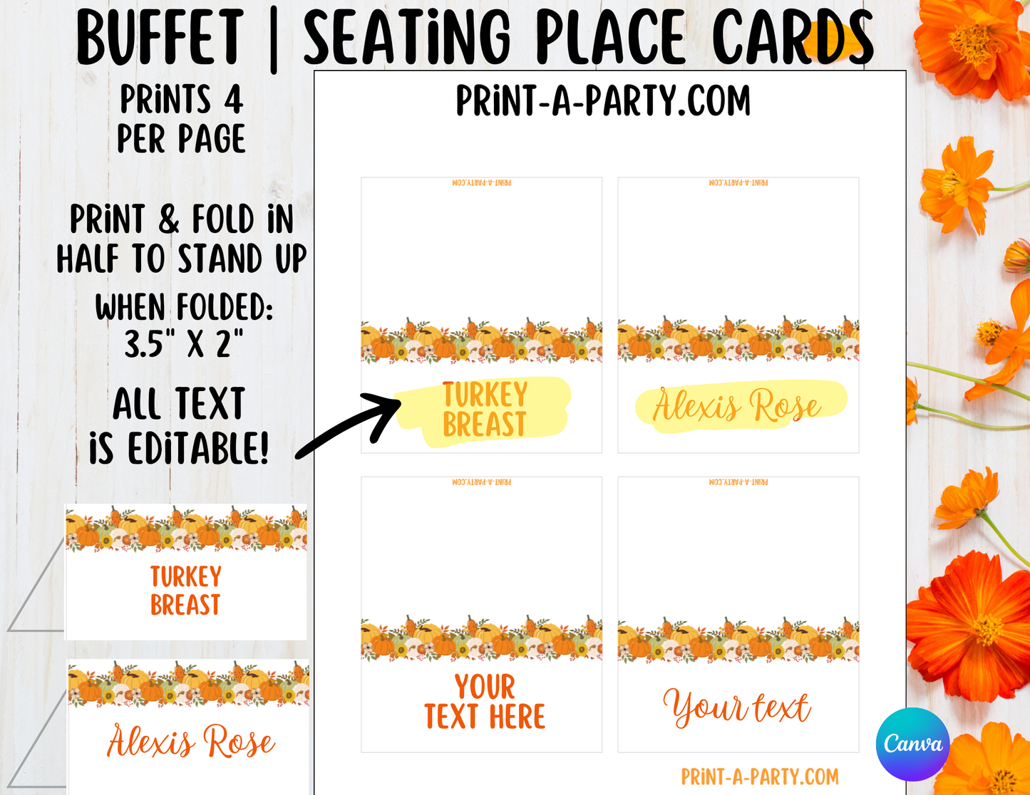Fall Buffet EDITABLE Food Labels & Seating Place Cards – Perfect for Thanksgiving, Autumn Parties, and Seasonal Gatherings