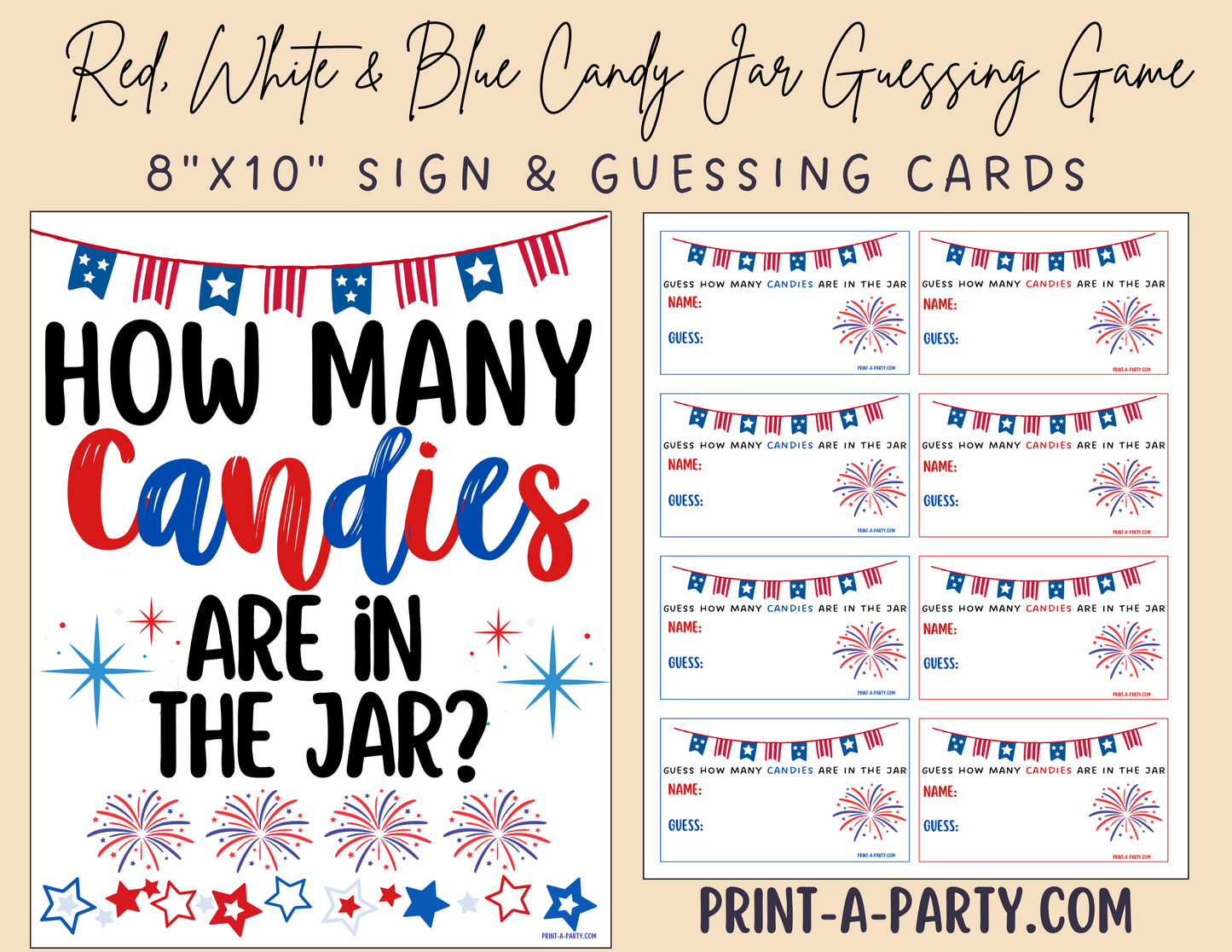 Candy Jar Guessing Game - PATRIOTIC RED WHITE AND BLUE Theme Printable Game for 4th of July or Memorial Day