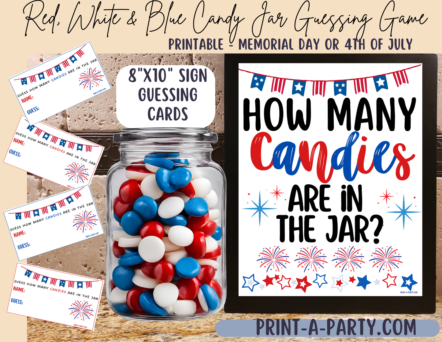 Candy Jar Guessing Game - PATRIOTIC RED WHITE AND BLUE Theme Printable Game for 4th of July or Memorial Day