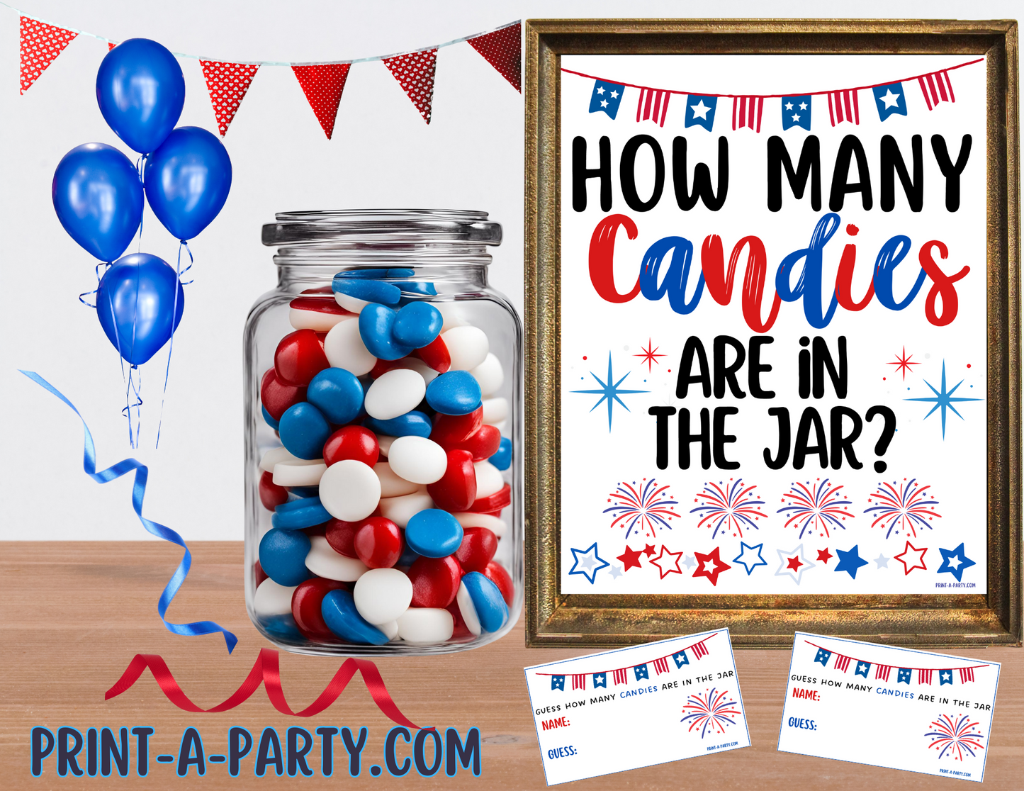 Candy Jar Guessing Game - PATRIOTIC RED WHITE AND BLUE Theme Printable Game for 4th of July or Memorial Day