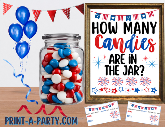 Candy Jar Guessing Game - PATRIOTIC RED WHITE AND BLUE Theme Printable Game for 4th of July or Memorial Day