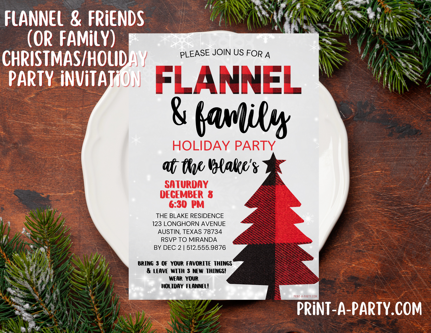 FLANNEL & FRIENDS or FAMILY HOLIDAY PARTY INVITATION - Editable Flannel-Themed Holiday & Christmas Invitation for Easy Digital or Print Sharing