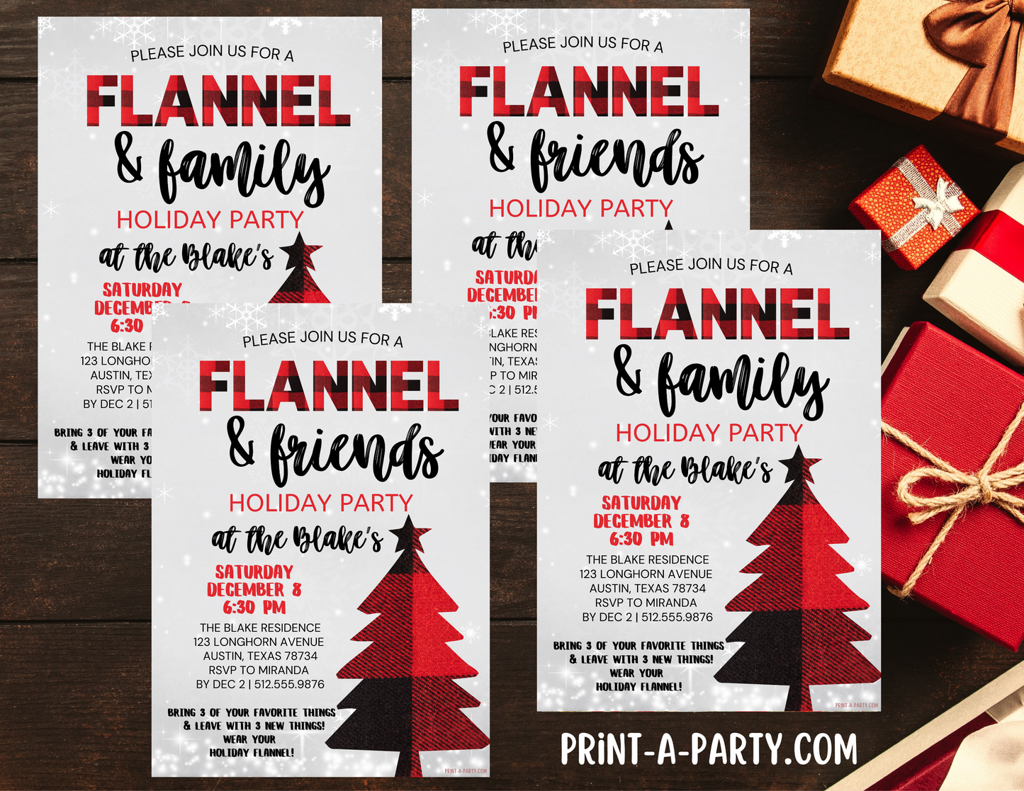 FLANNEL & FRIENDS or FAMILY HOLIDAY PARTY INVITATION - Editable Flannel-Themed Holiday & Christmas Invitation for Easy Digital or Print Sharing