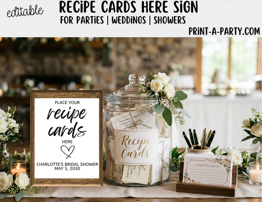 Editable Recipe Cards Sign (8x10) – Canva Printable Template for Showers, Weddings, Parties