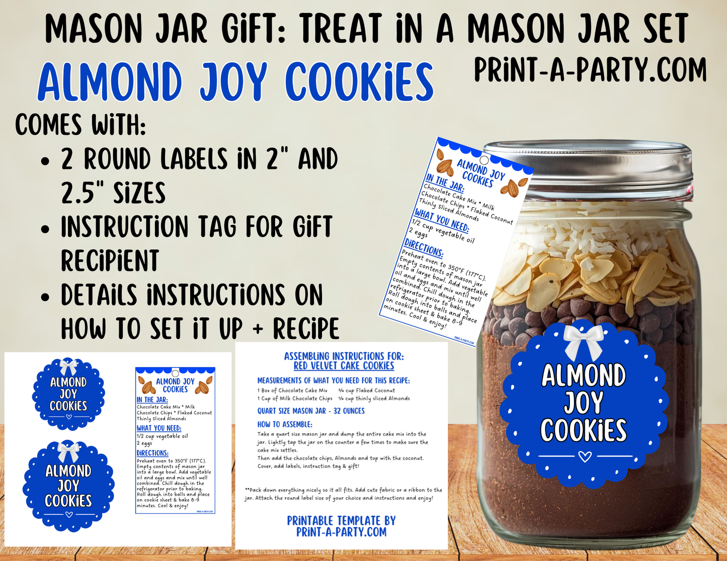 MASON JAR GIFT: Almond Joy Cookies in a Mason Jar Gift Printable Kit - for neighbors, teachers, gift baskets and more!