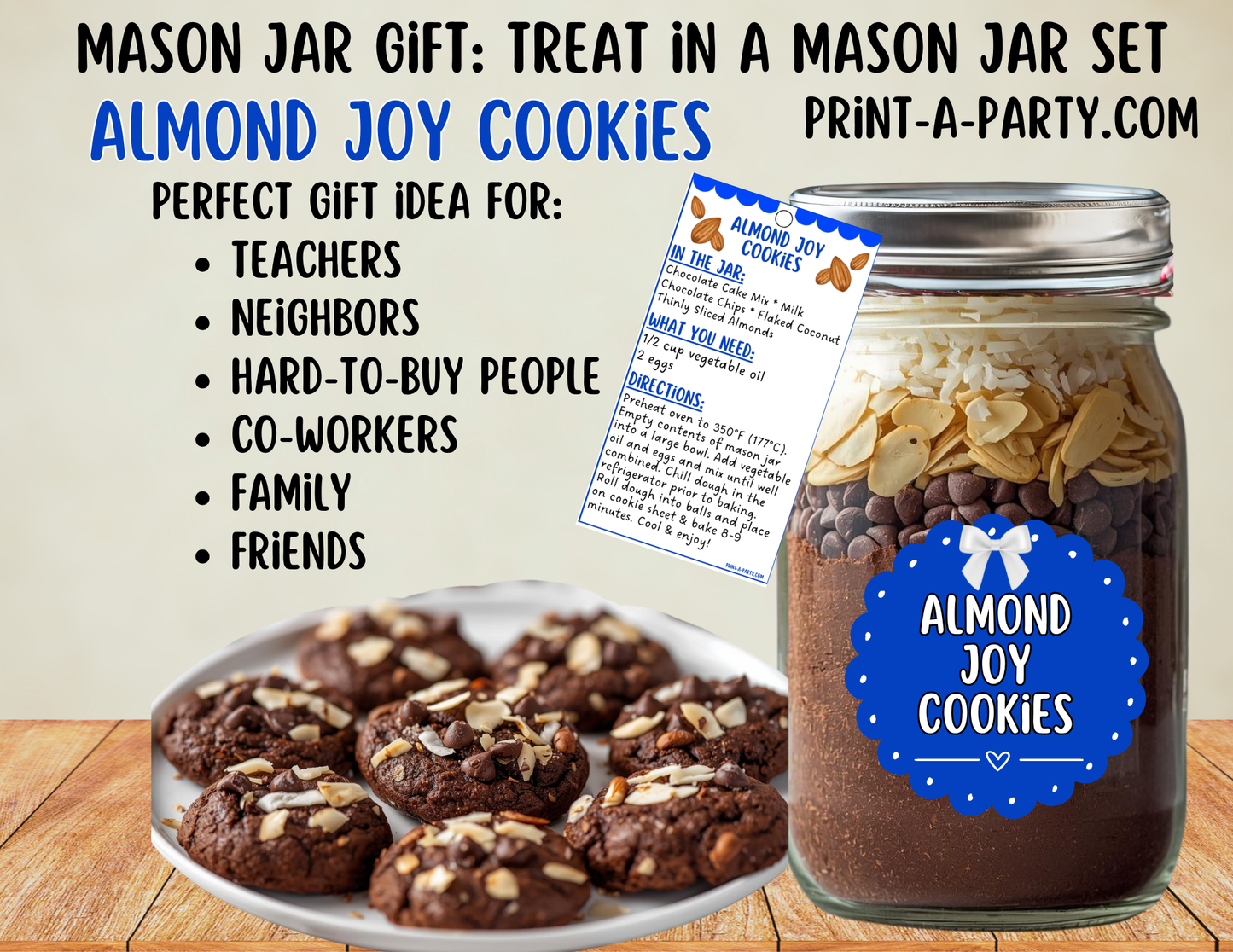 MASON JAR GIFT: Almond Joy Cookies in a Mason Jar Gift Printable Kit - for neighbors, teachers, gift baskets and more!