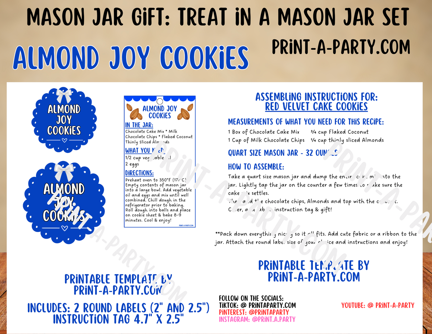 MASON JAR GIFT: Almond Joy Cookies in a Mason Jar Gift Printable Kit - for neighbors, teachers, gift baskets and more!