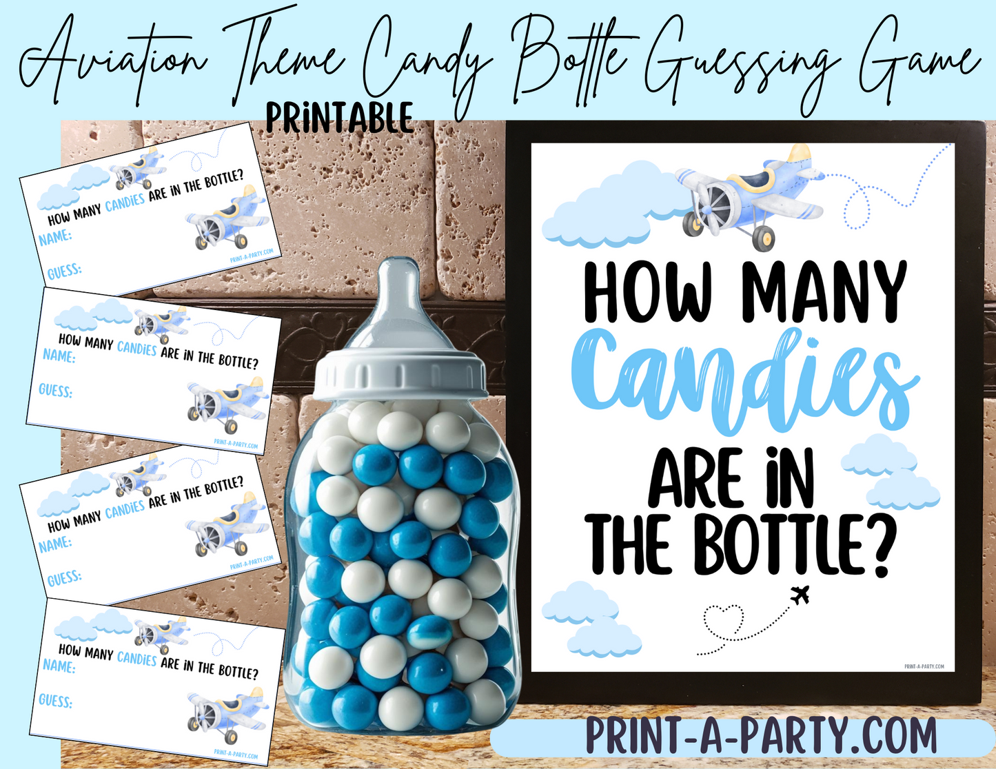Candy Jar Guessing Game - AVIATION BABY SHOWER Baby Bottle Game Printable Airplane Theme for Baby Showers, Sprinkles, Adoption Parties or Sip and See!