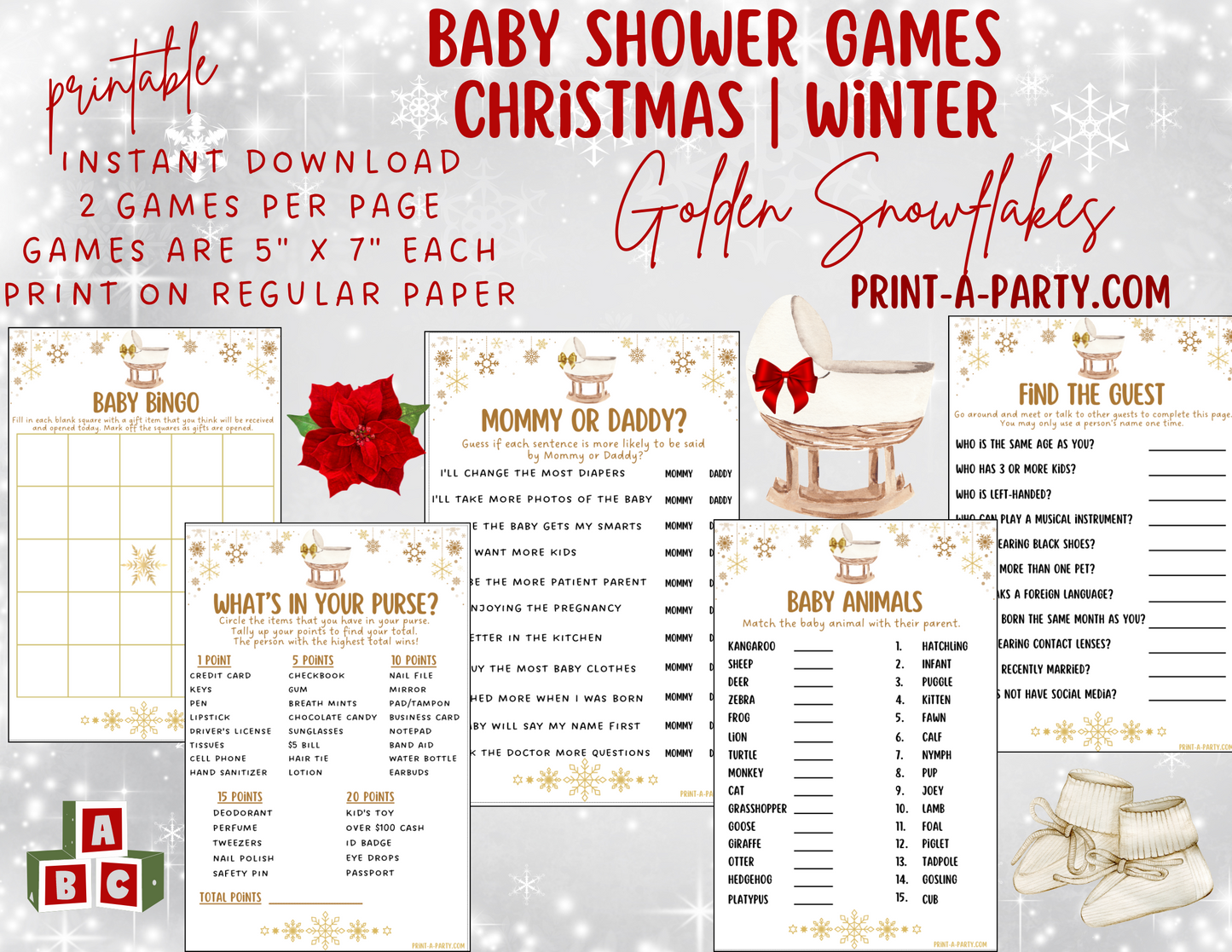 GAMES for Christmas or Winter Baby Shower -Printable Winter Baby Shower Game Bundle – Instant PDF Download