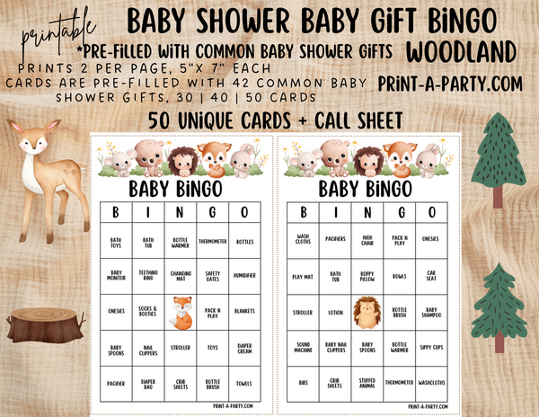 BINGO GAME BABY GIFTS - WOODLAND THEME | Baby Gift Bingo | Pre-filled Baby Shower Gift Bingo Cards - Woodland Theme | Baby Shower Gift Bingo Game - Woodland | Woodland Baby Shower