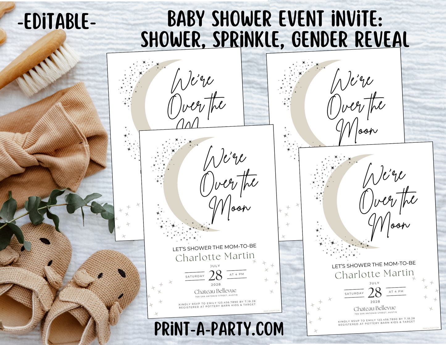 EDITABLE Baby Shower INVITATION Template - CELESTIAL Moon Stars Theme for Baby Shower, Sprinkes, Sip and See or Adoption Parties