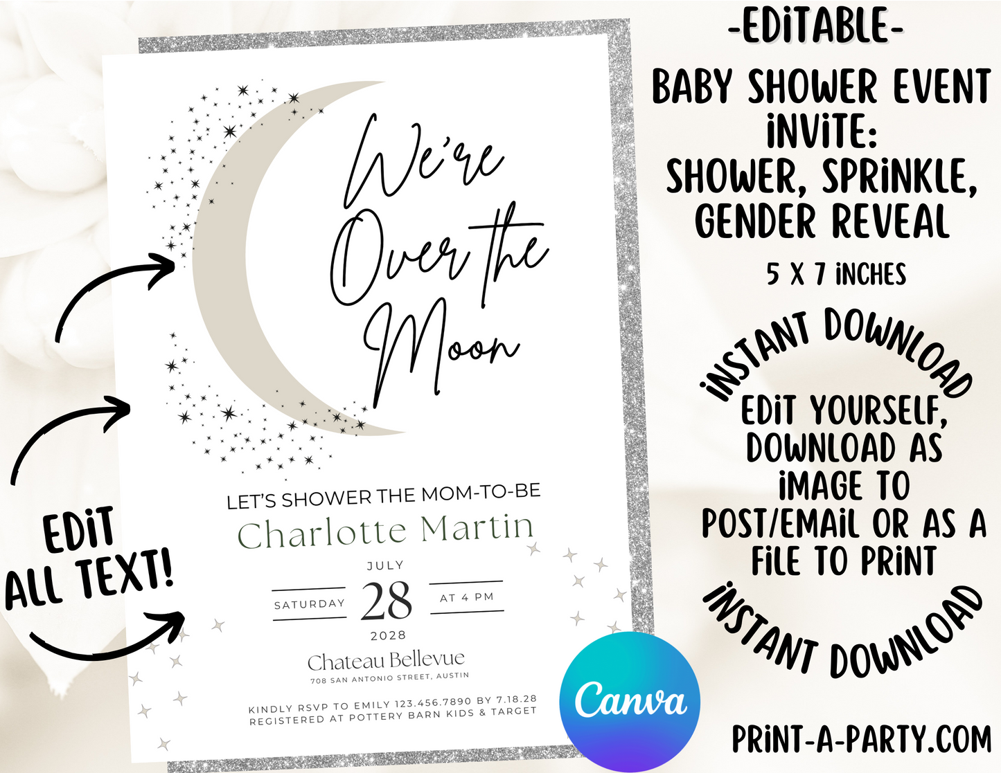 EDITABLE Baby Shower INVITATION Template - CELESTIAL Moon Stars Theme for Baby Shower, Sprinkes, Sip and See or Adoption Parties