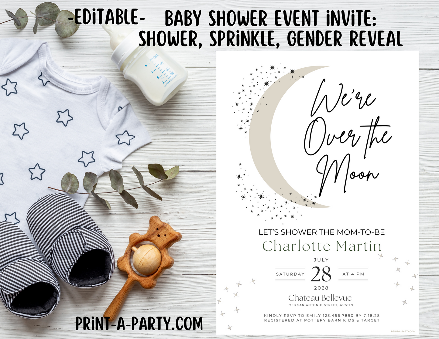 EDITABLE Baby Shower INVITATION Template - CELESTIAL Moon Stars Theme for Baby Shower, Sprinkes, Sip and See or Adoption Parties