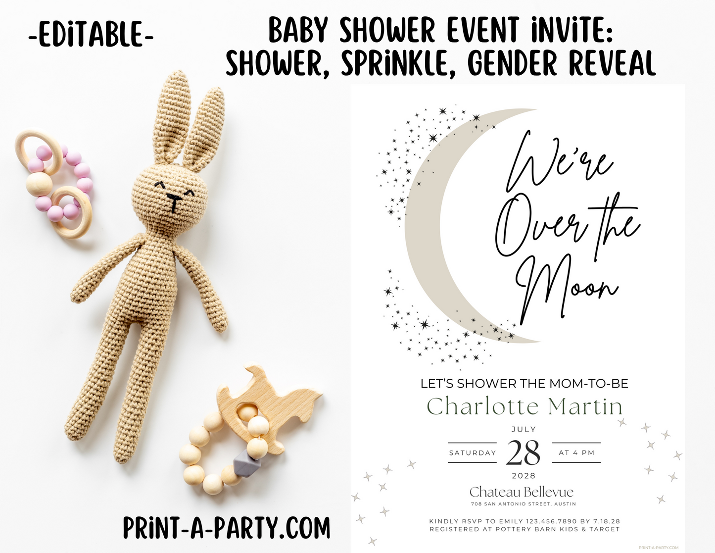 EDITABLE Baby Shower INVITATION Template - CELESTIAL Moon Stars Theme for Baby Shower, Sprinkes, Sip and See or Adoption Parties