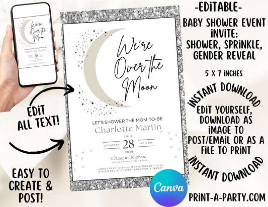 EDITABLE Baby Shower INVITATION Template - CELESTIAL Moon Stars Theme for Baby Shower, Sprinkes, Sip and See or Adoption Parties
