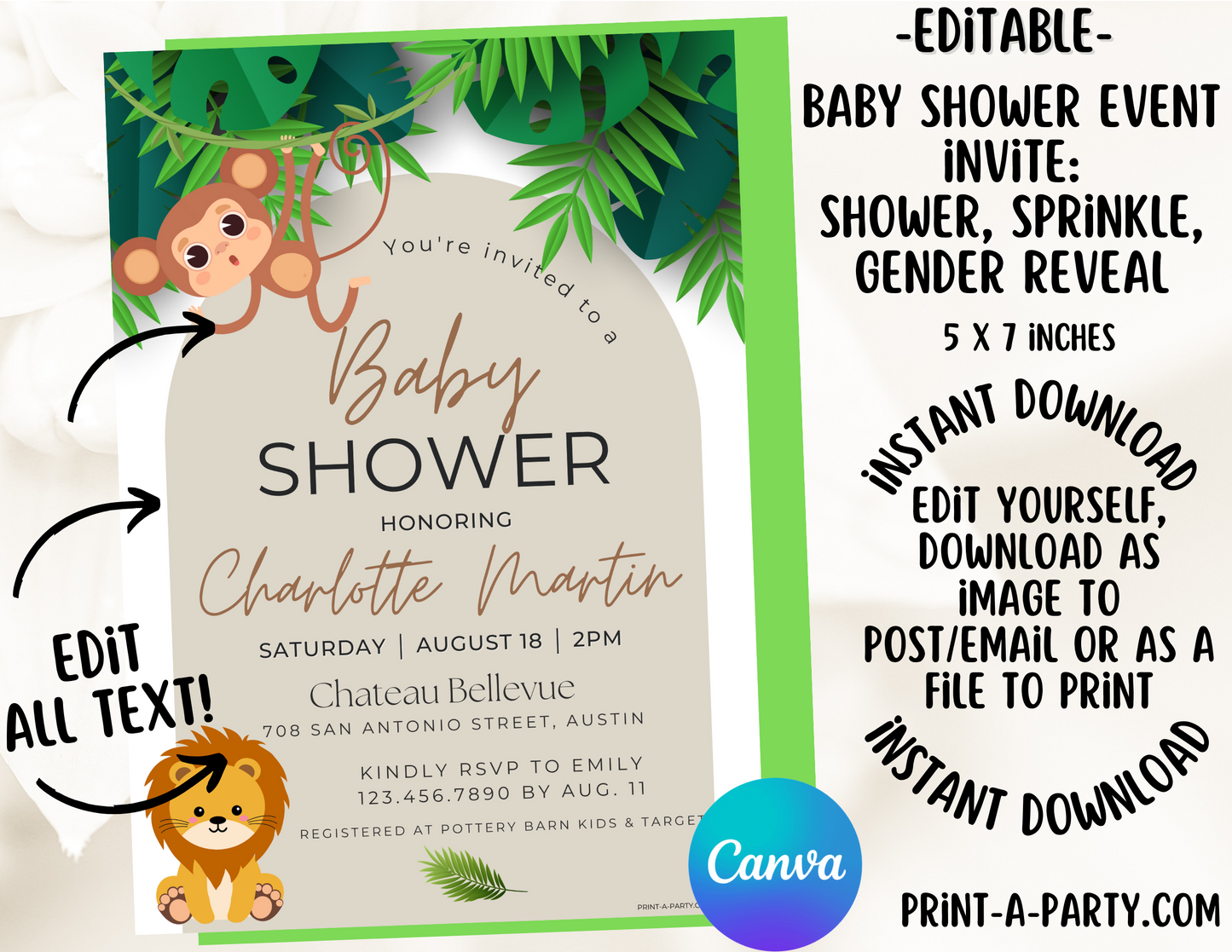 Jungle Baby Shower Invitation – Editable Printable 5x7 Canva Template with Safari Animals