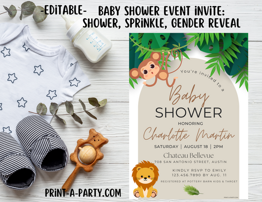 Jungle Baby Shower Invitation – Editable Printable 5x7 Canva Template with Safari Animals