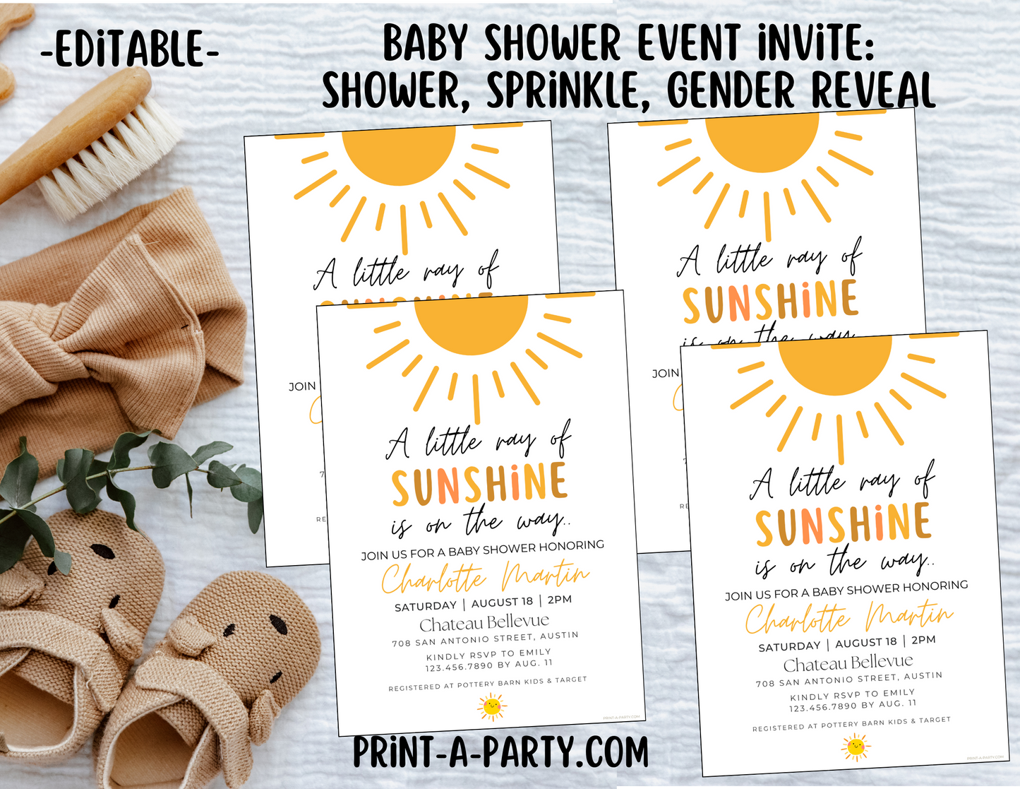 EDITABLE Baby Shower INVITATION Template in a SUNSHINE Theme - A Little Ray of Sunshine Invite for Baby Shower, Sprinkes, Sip and See or Adoption Parties