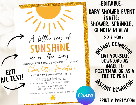 EDITABLE Baby Shower INVITATION Template in a SUNSHINE Theme - A Little Ray of Sunshine Invite for Baby Shower, Sprinkes, Sip and See or Adoption Parties