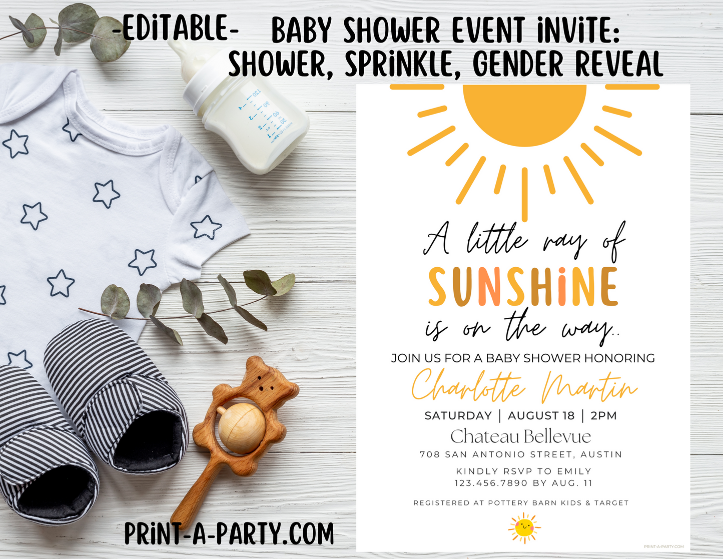 EDITABLE Baby Shower INVITATION Template in a SUNSHINE Theme - A Little Ray of Sunshine Invite for Baby Shower, Sprinkes, Sip and See or Adoption Parties