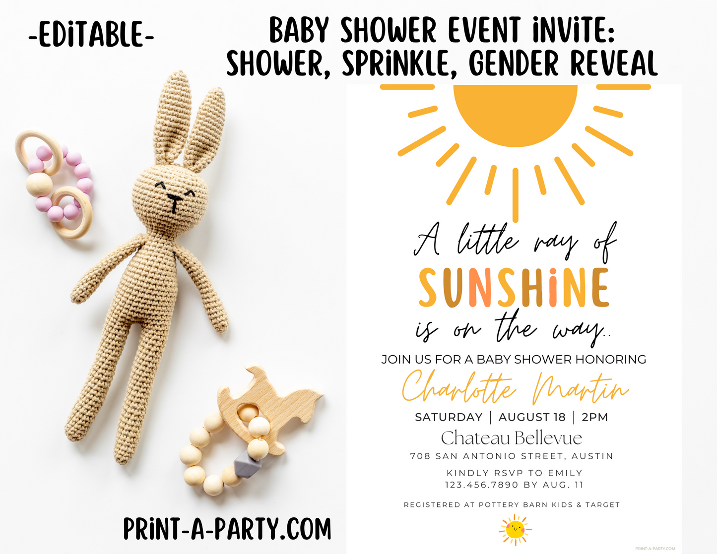 EDITABLE Baby Shower INVITATION Template in a SUNSHINE Theme - A Little Ray of Sunshine Invite for Baby Shower, Sprinkes, Sip and See or Adoption Parties