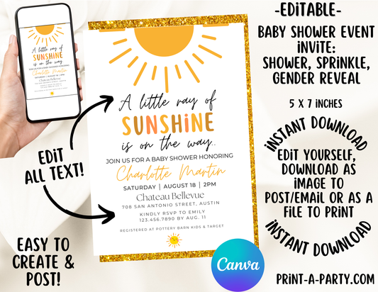EDITABLE Baby Shower INVITATION Template in a SUNSHINE Theme - A Little Ray of Sunshine Invite for Baby Shower, Sprinkes, Sip and See or Adoption Parties