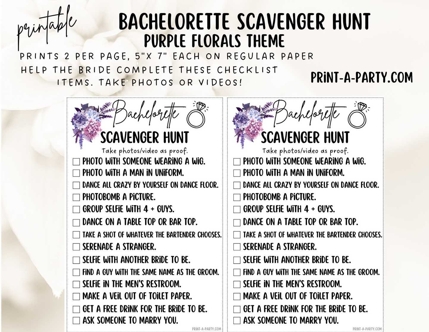 BACHELORETTE PARTY Scavenger Hunt Game Printable - Florals Theme | Hen Party Game | Fun tasks for the Bride to complete | Bachelorette Party Game | Bachelorette Party Idea