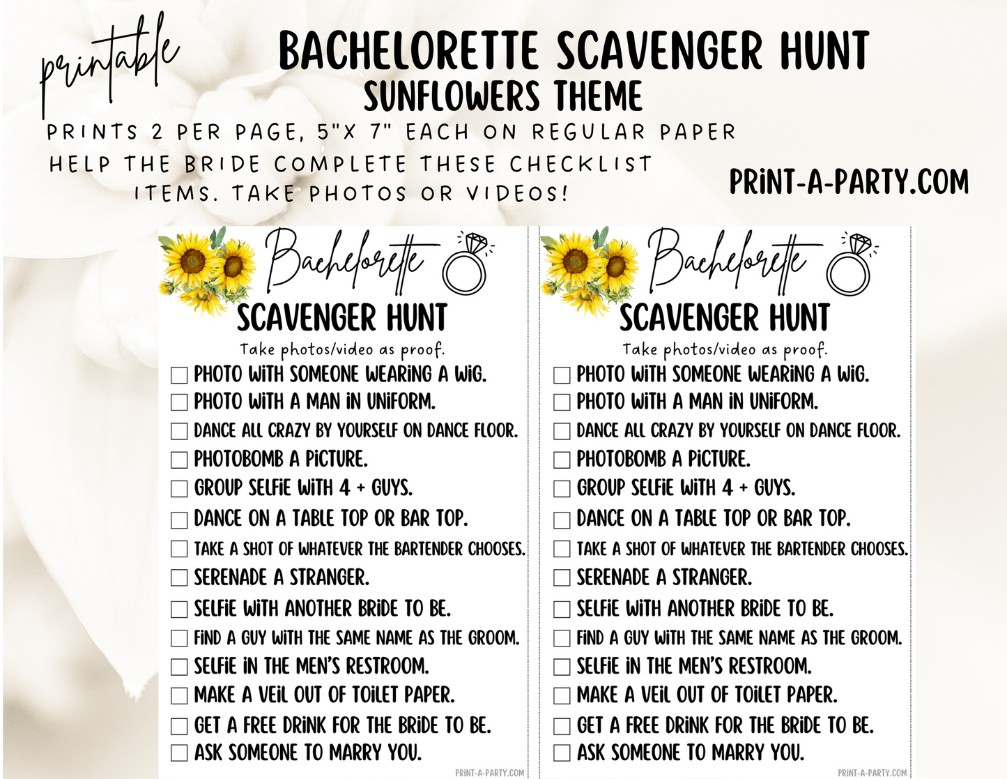 BACHELORETTE PARTY Scavenger Hunt Game Printable - Florals Theme | Hen Party Game | Fun tasks for the Bride to complete | Bachelorette Party Game | Bachelorette Party Idea