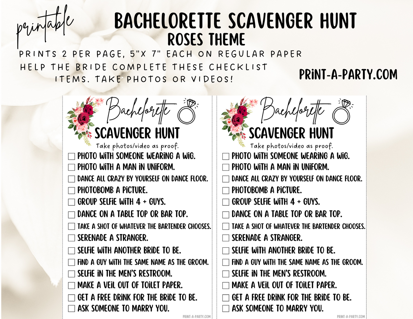 BACHELORETTE PARTY Scavenger Hunt Game Printable - Florals Theme | Hen Party Game | Fun tasks for the Bride to complete | Bachelorette Party Game | Bachelorette Party Idea