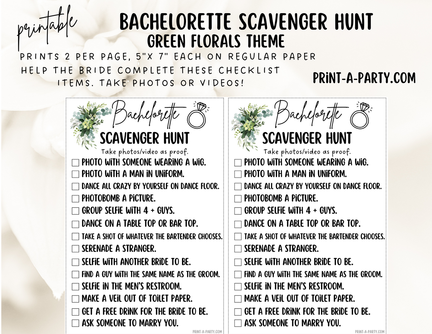 BACHELORETTE PARTY Scavenger Hunt Game Printable - Florals Theme | Hen Party Game | Fun tasks for the Bride to complete | Bachelorette Party Game | Bachelorette Party Idea