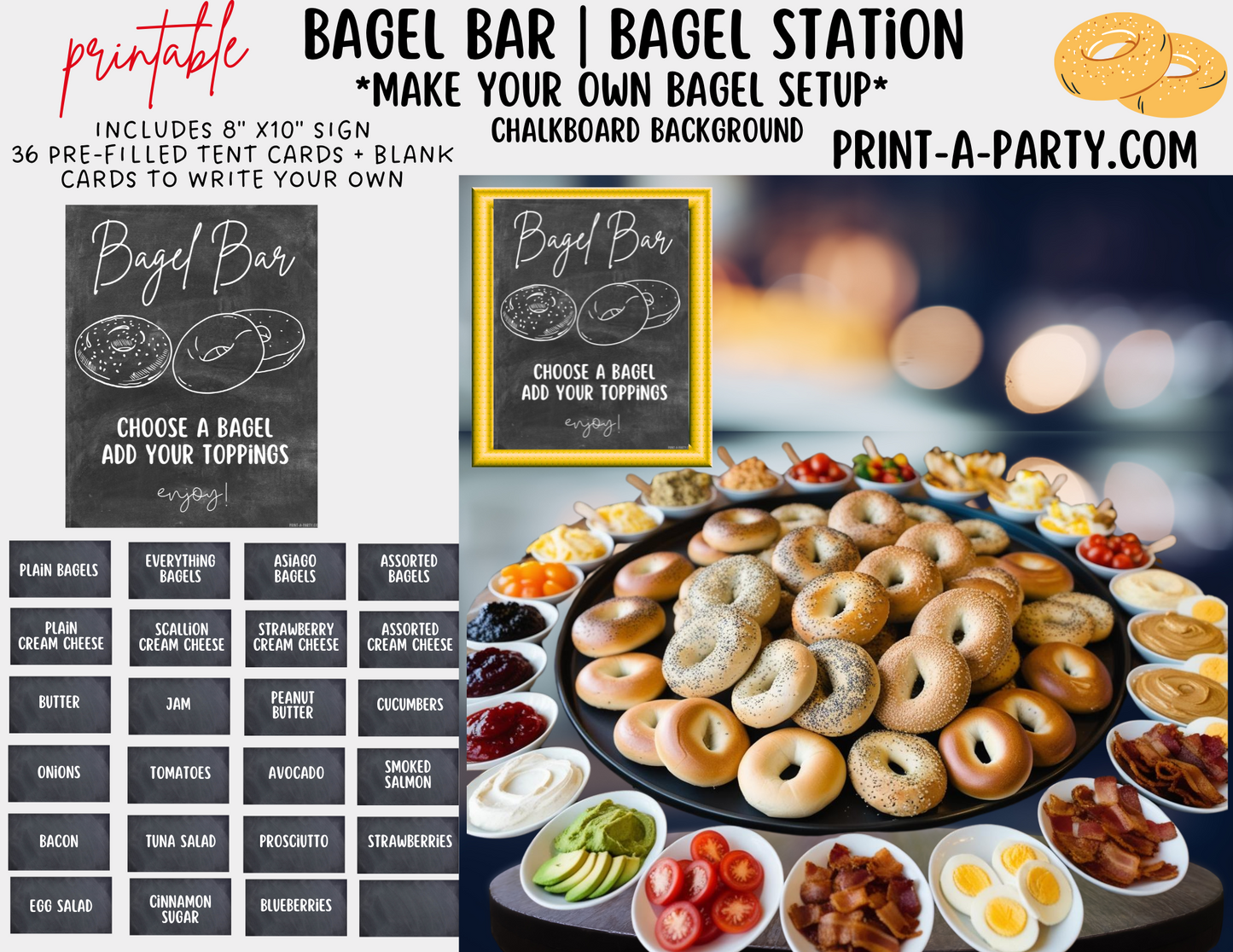 BAGEL BAR | BAGEL STATION Setup - Chalkboard | Bagel Sign | Brunch Food | Food Bar for Party | Party | Shower | DIY Bagel Bar