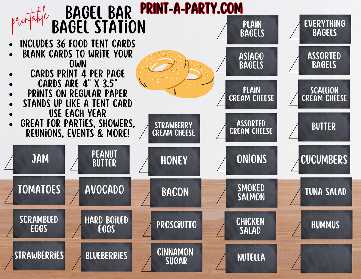 BAGEL BAR Sign and Toppings Labels Printable in Chalkboard – Brunch Decor for Bridal Showers, Baby Showers, Slumber Parties, Brunch & more