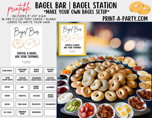 BAGEL BAR Sign and Toppings Labels Printable in White – Brunch Decor for Bridal Showers, Baby Showers, Slumber Parties, Brunch & more