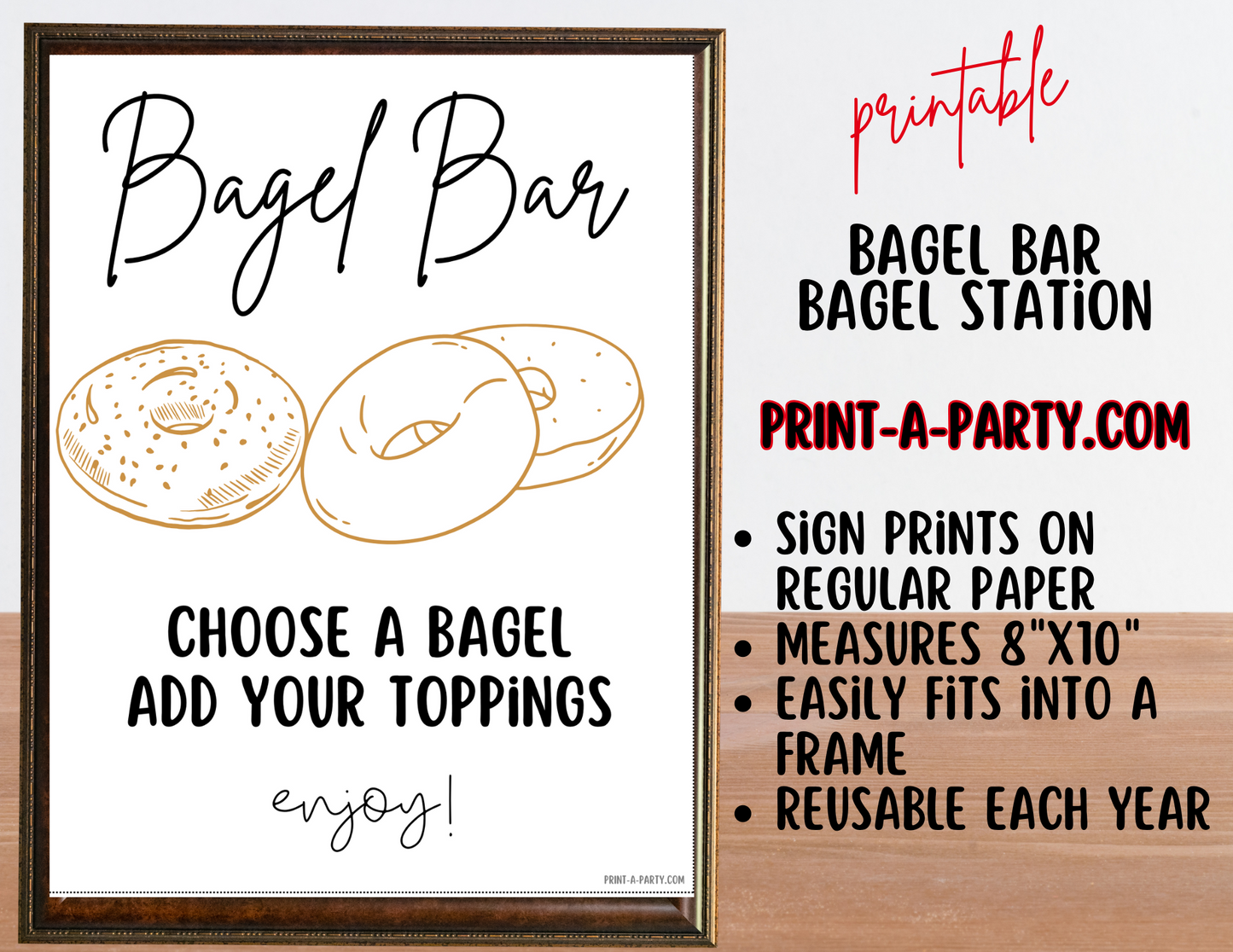 BAGEL BAR Sign and Toppings Labels Printable in White – Brunch Decor for Bridal Showers, Baby Showers, Slumber Parties, Brunch & more