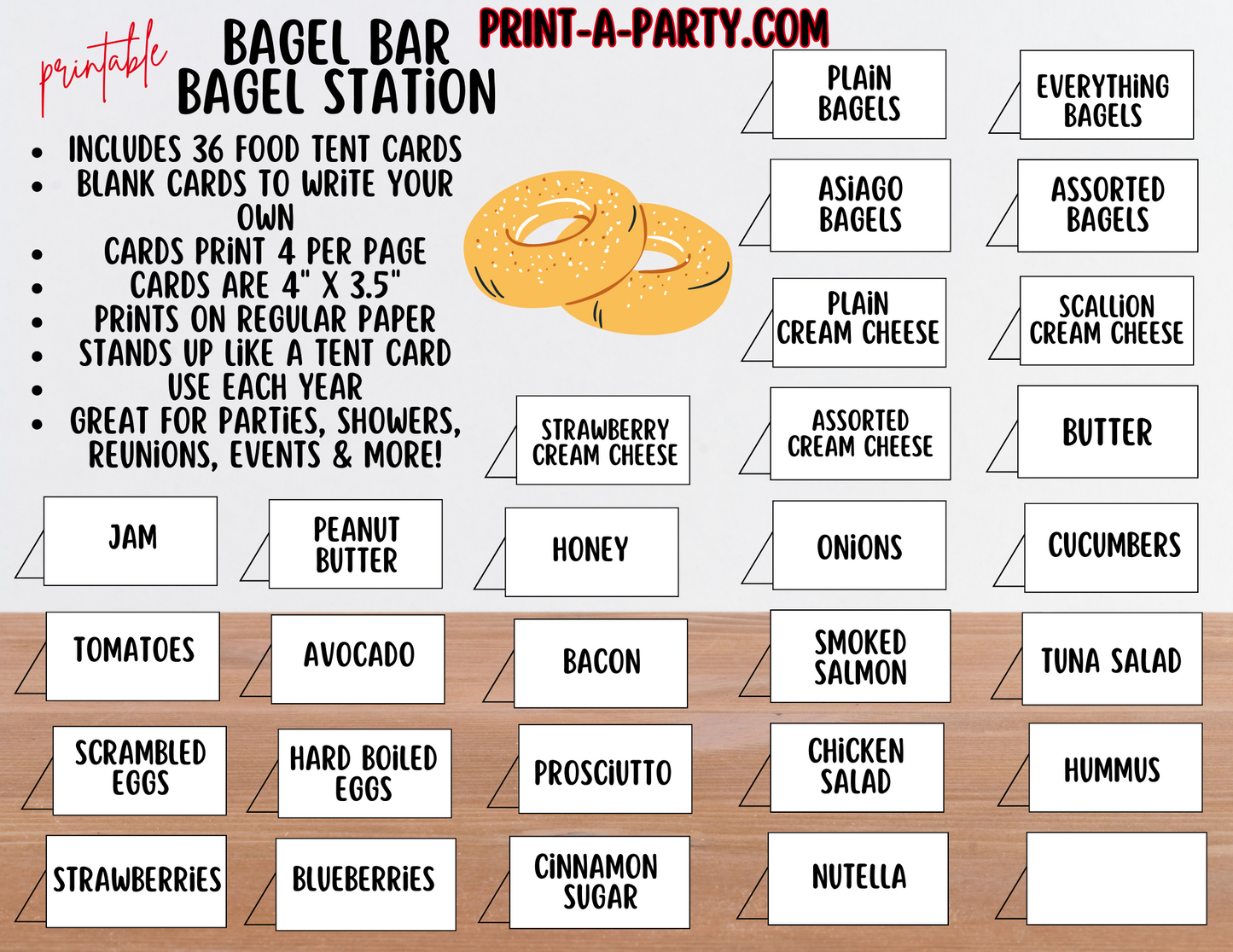BAGEL BAR Sign and Toppings Labels Printable in White – Brunch Decor for Bridal Showers, Baby Showers, Slumber Parties, Brunch & more
