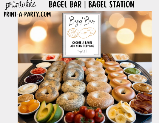 BAGEL BAR Sign and Toppings Labels Printable in White – Brunch Decor for Bridal Showers, Baby Showers, Slumber Parties, Brunch & more