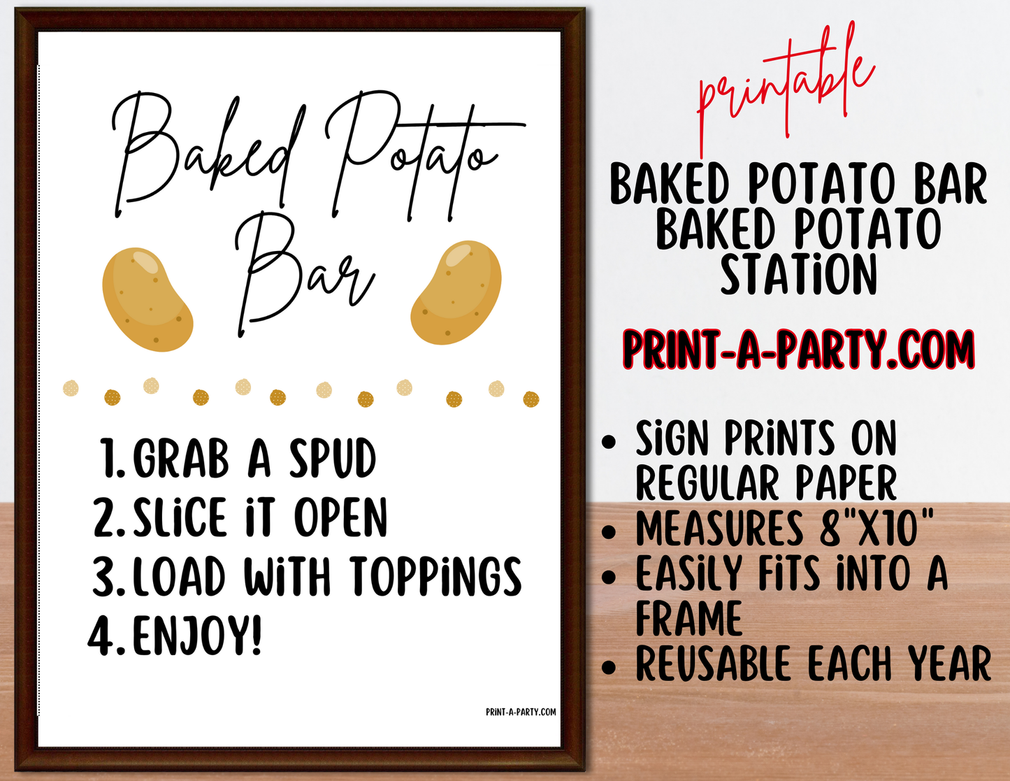 BAKED POTATO BAR Station White Printable Sign & Food Labels - Perfect for Birthdays, Buffets, Showers, Parties, or Holidays
