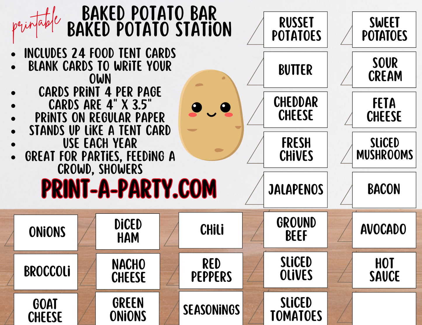 BAKED POTATO BAR Station White Printable Sign & Food Labels - Perfect for Birthdays, Buffets, Showers, Parties, or Holidays
