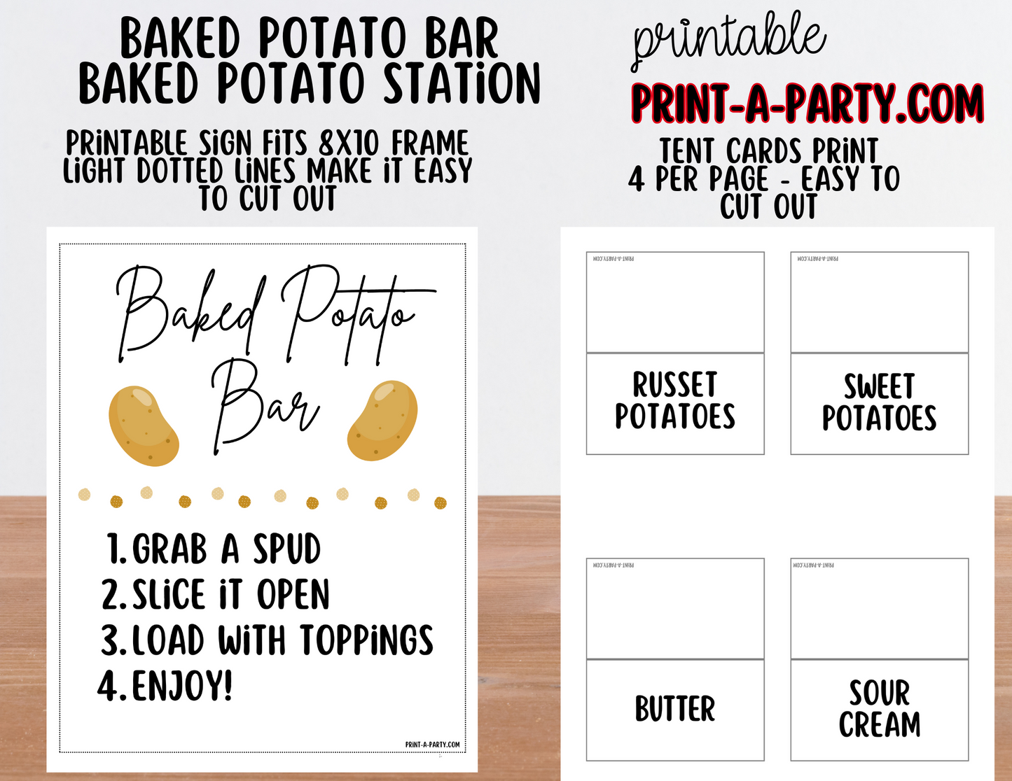 BAKED POTATO BAR Station White Printable Sign & Food Labels - Perfect for Birthdays, Buffets, Showers, Parties, or Holidays